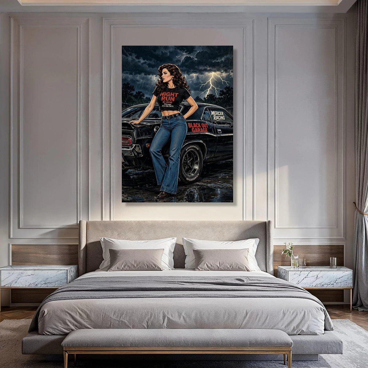 Vintage Racing Girl Canvas, Night Storm Lightning Wall Art, Retro Muscle Car Decor, Urban Garage Scene Canvas, Ready to Hang Print Print Art