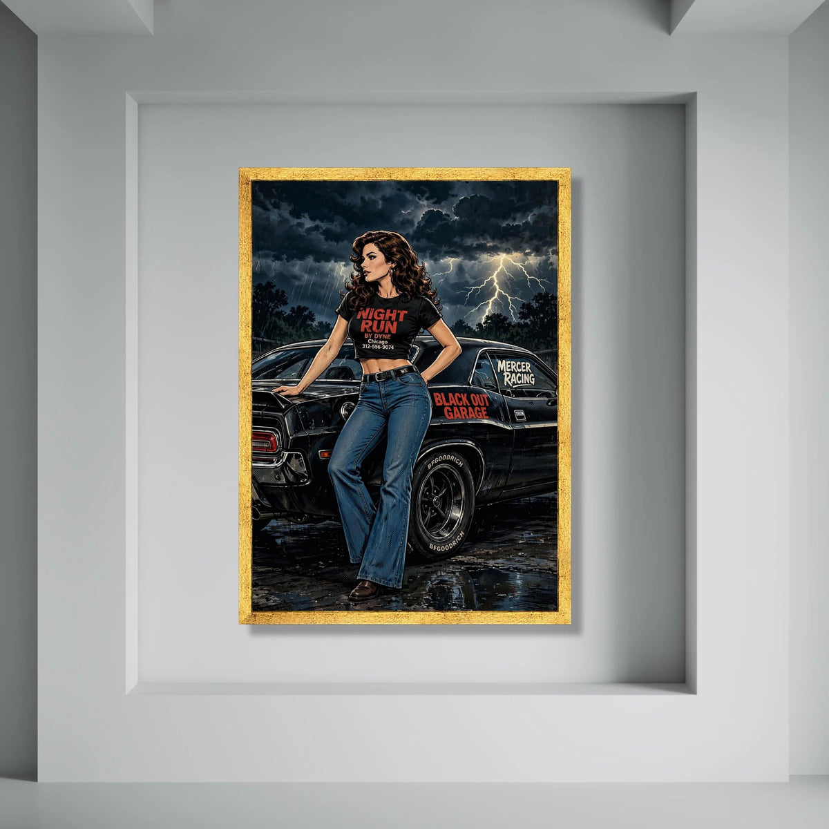 Vintage Racing Girl Canvas, Night Storm Lightning Wall Art, Retro Muscle Car Decor, Urban Garage Scene Canvas, Ready to Hang Print Print Art