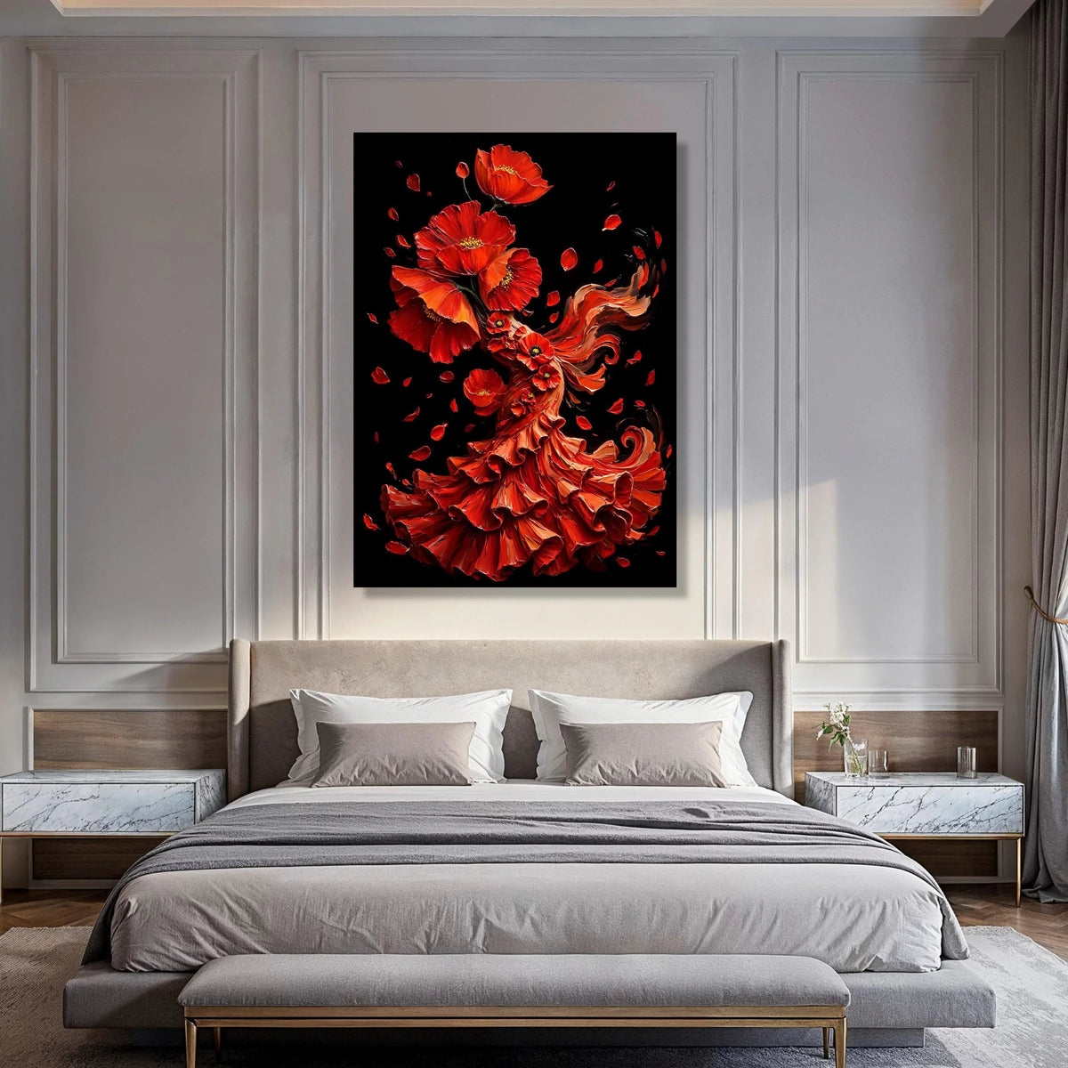 Red Poppy Dress Canvas, Floral Woman Silhouette, Vibrant Red Flower Art, Elegant Home Decor, Botanical Canvas Wall Art Print Art