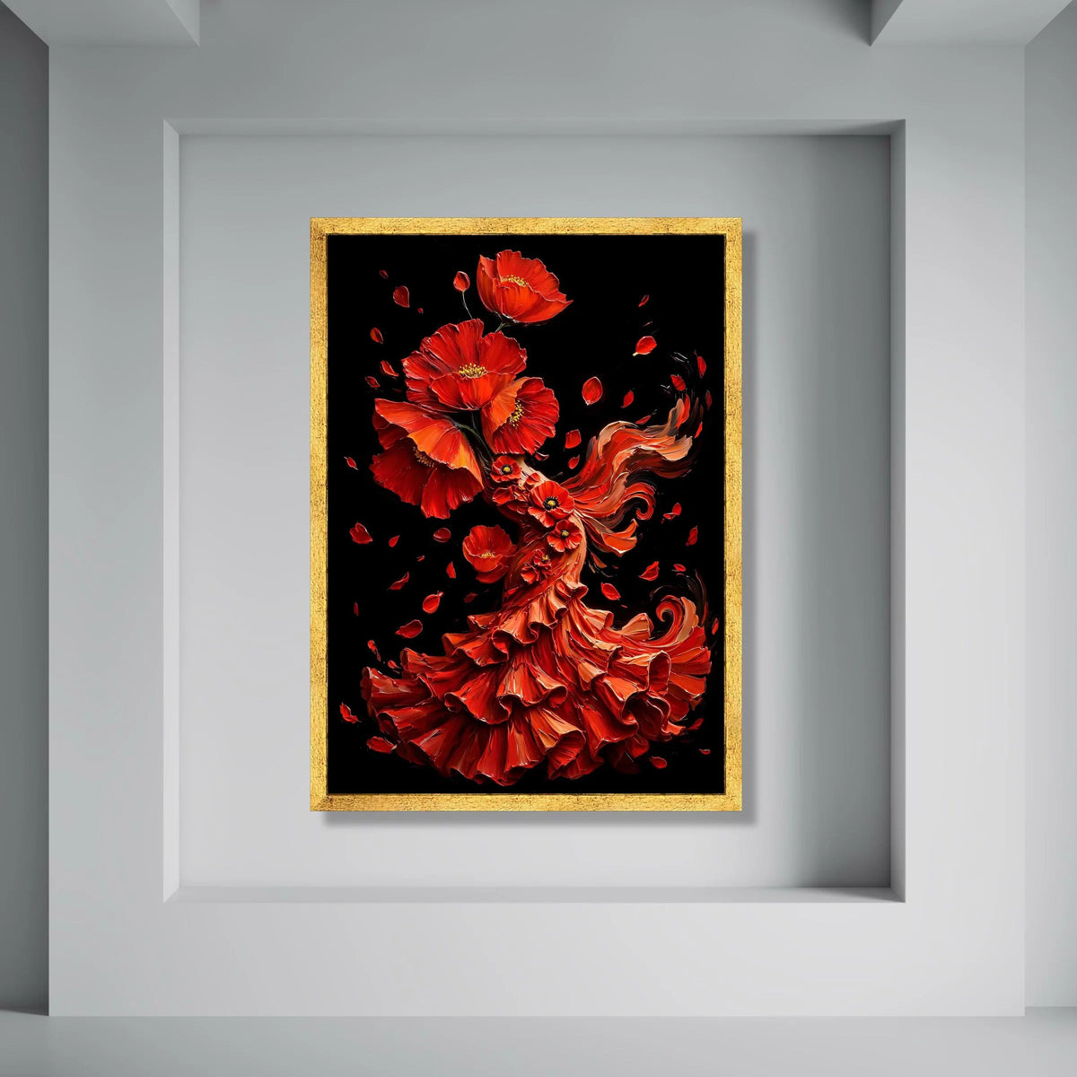 Red Poppy Dress Canvas, Floral Woman Silhouette, Vibrant Red Flower Art, Elegant Home Decor, Botanical Canvas Wall Art Print Art