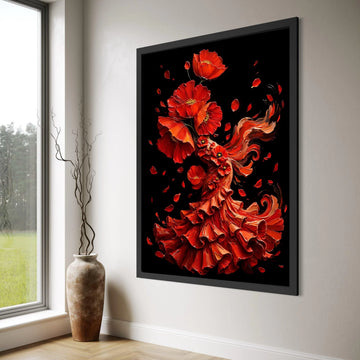 Red Poppy Dress Canvas, Floral Woman Silhouette, Vibrant Red Flower Art, Elegant Home Decor, Botanical Canvas Wall Art Print Art