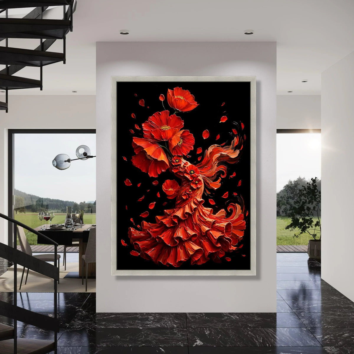 Red Poppy Dress Canvas, Floral Woman Silhouette, Vibrant Red Flower Art, Elegant Home Decor, Botanical Canvas Wall Art Print Art