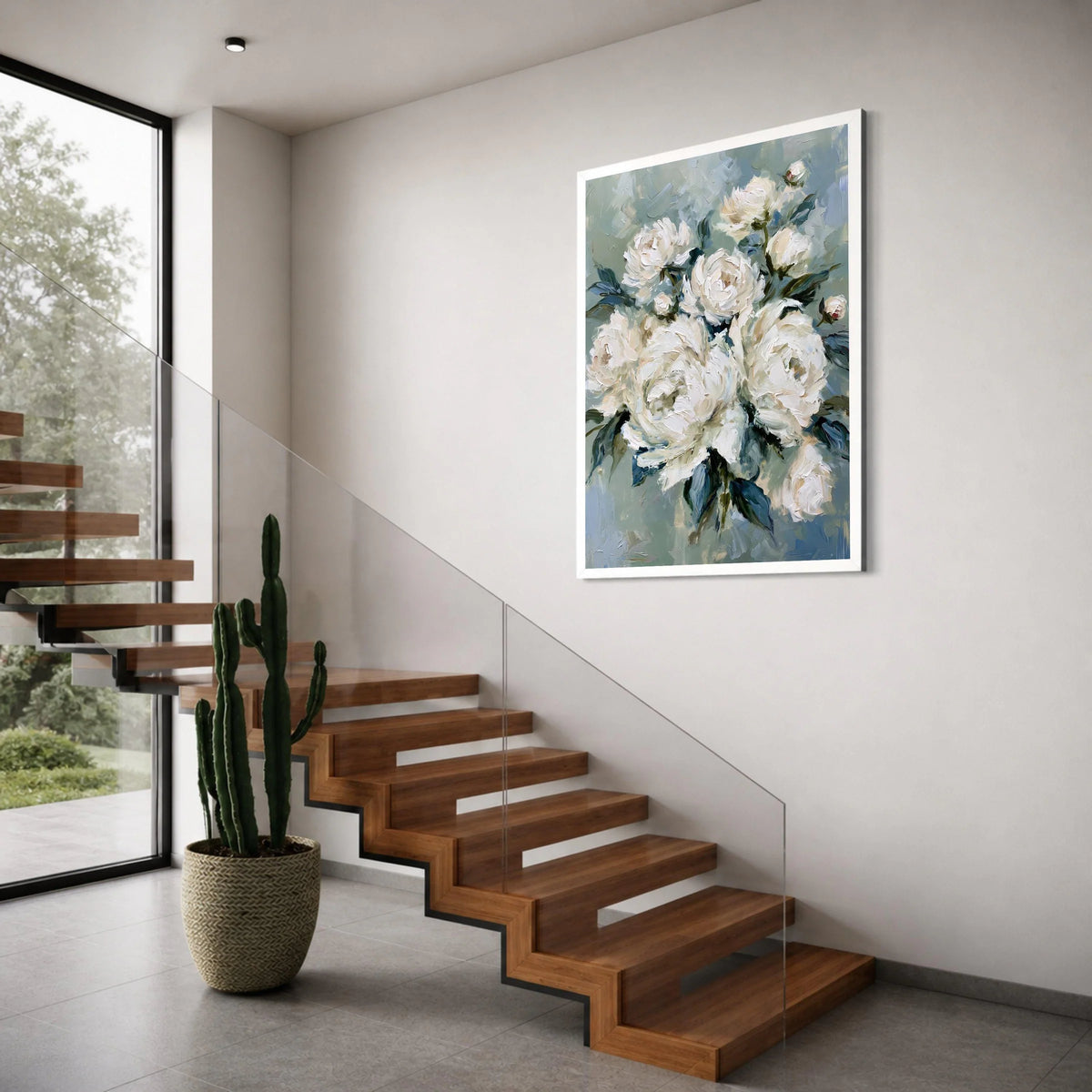 Elegant White Peonies Canvas, Floral Wall Art, Soft Blue Green Background, Modern Blossom Decoration, Ready to Hang Canvas Art Print Art
