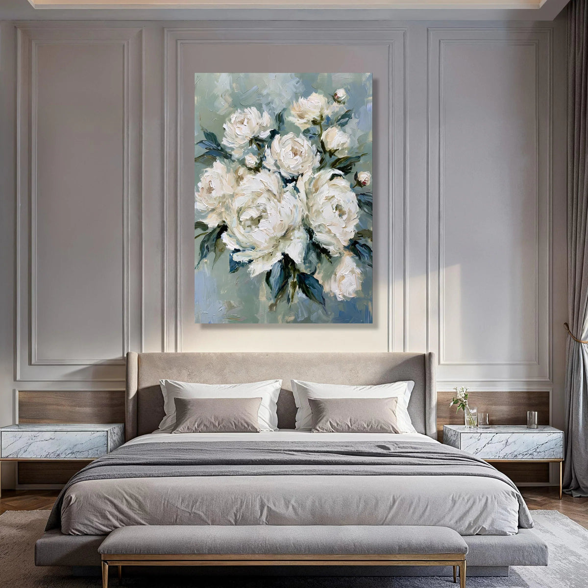 Elegant White Peonies Canvas, Floral Wall Art, Soft Blue Green Background, Modern Blossom Decoration, Ready to Hang Canvas Art Print Art