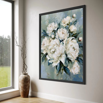 Elegant White Peonies Canvas, Floral Wall Art, Soft Blue Green Background, Modern Blossom Decoration, Ready to Hang Canvas Art Print Art