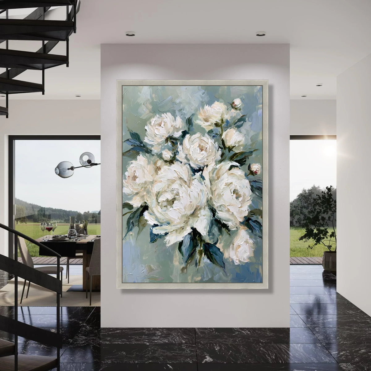 Elegant White Peonies Canvas, Floral Wall Art, Soft Blue Green Background, Modern Blossom Decoration, Ready to Hang Canvas Art Print Art