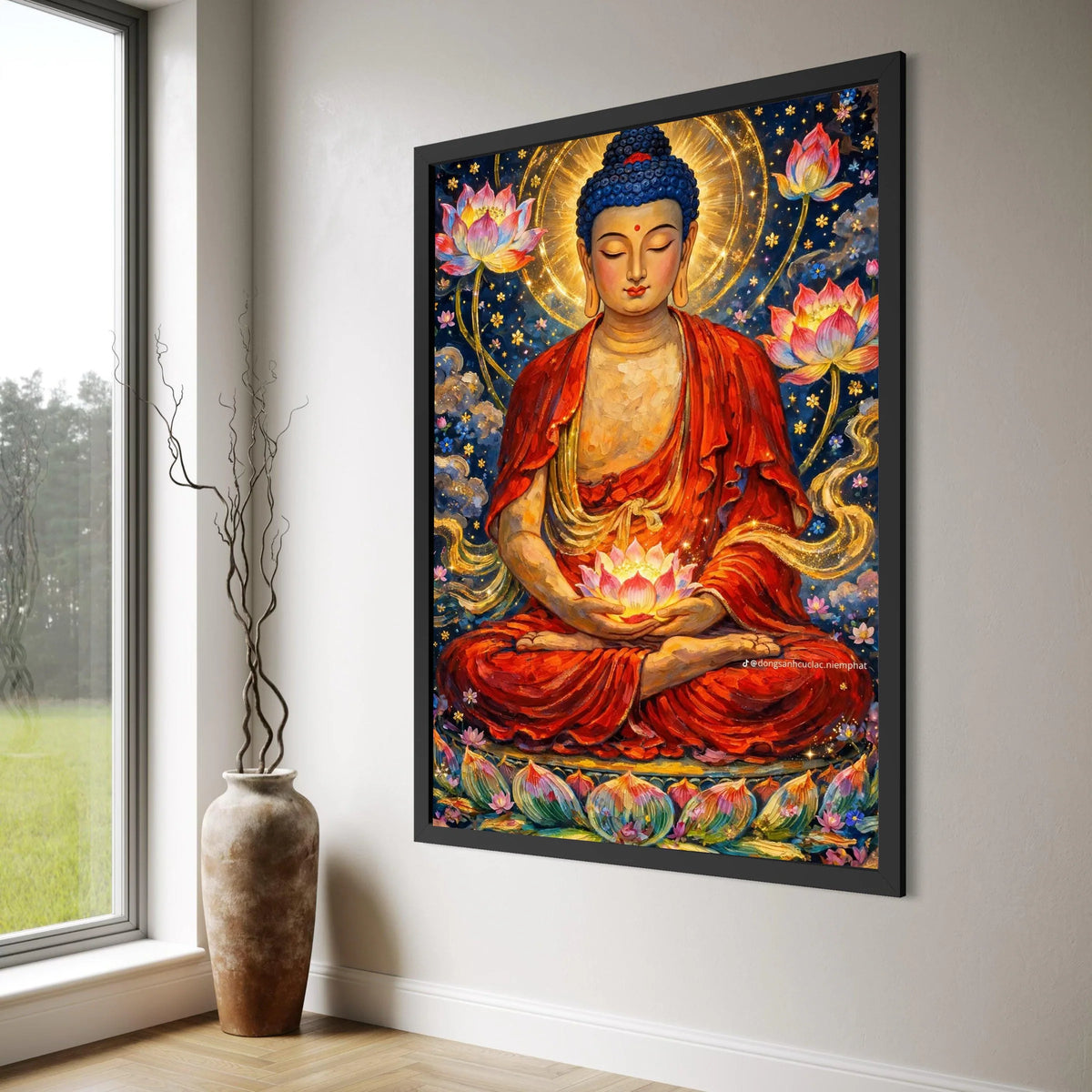 Meditating Buddha with Lotus Flowers Canvas, Spiritual Zen Wall Art, Buddhist Serenity Painting, Calm Meditation Decor, Vibrant Print Art