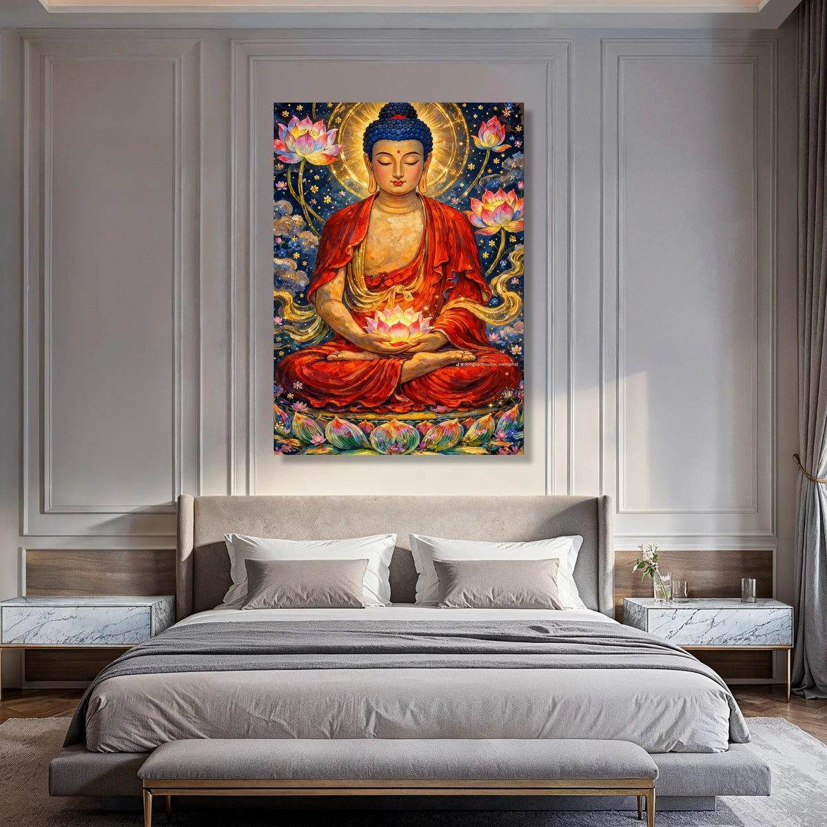 Meditating Buddha with Lotus Flowers Canvas, Spiritual Zen Wall Art, Buddhist Serenity Painting, Calm Meditation Decor, Vibrant Print Art