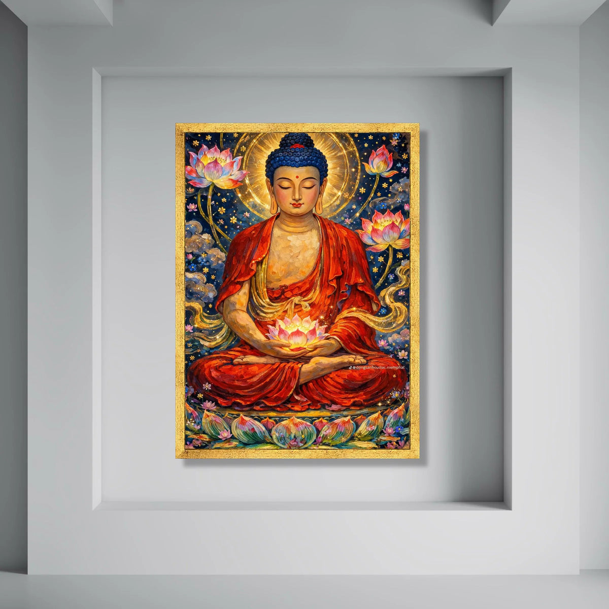 Meditating Buddha with Lotus Flowers Canvas, Spiritual Zen Wall Art, Buddhist Serenity Painting, Calm Meditation Decor, Vibrant Print Art