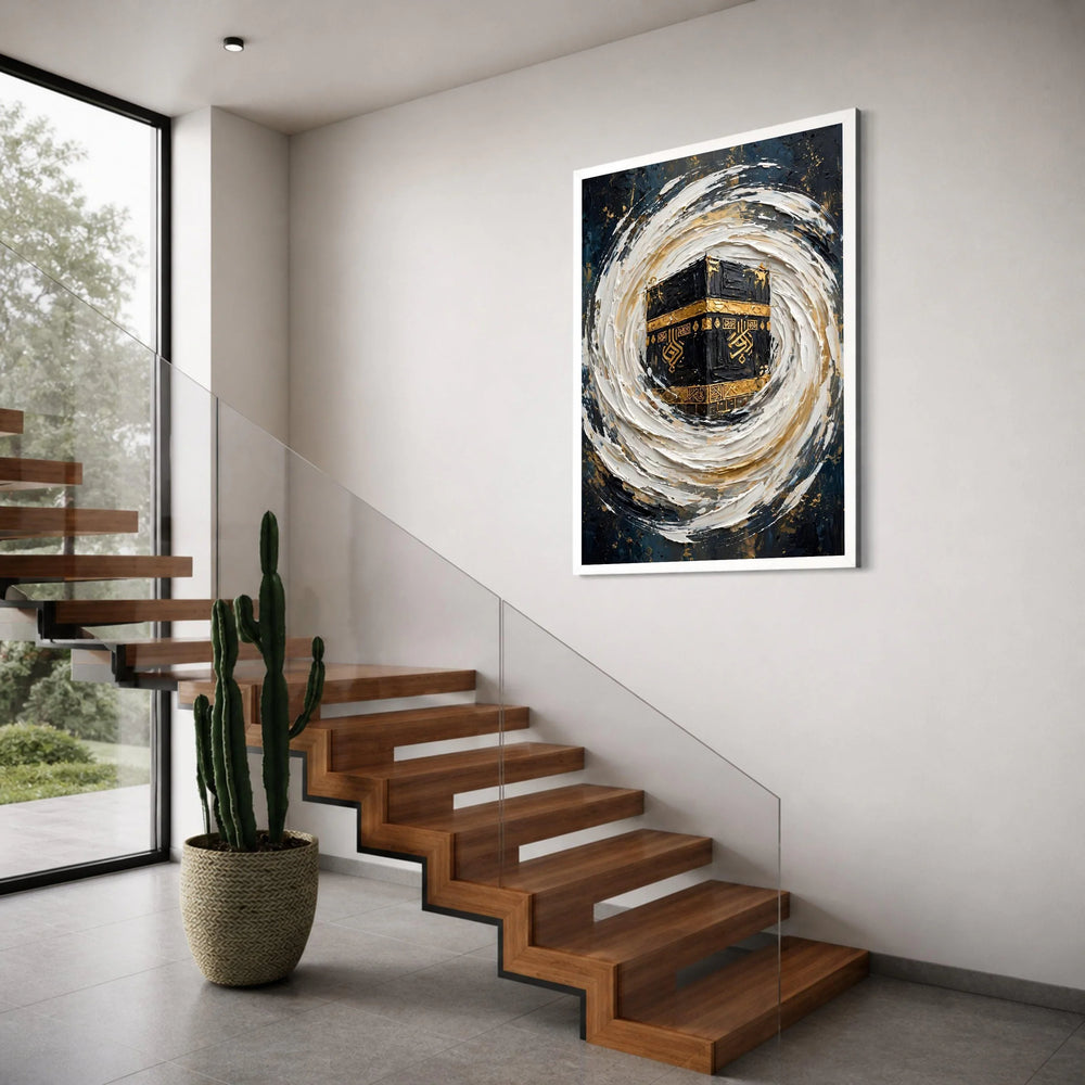 Sacred Kaaba Abstract Canvas, Islamic Wall Art Decor, Golden Black Religious Canvas, Modern Spiritual Home Decoration Print Art