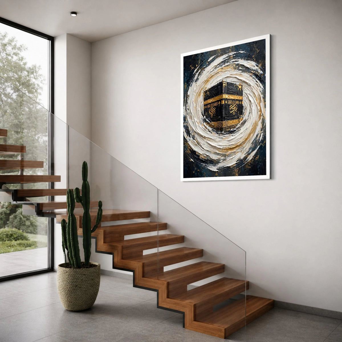 Sacred Kaaba Abstract Canvas, Islamic Wall Art Decor, Golden Black Religious Canvas, Modern Spiritual Home Decoration Print Art