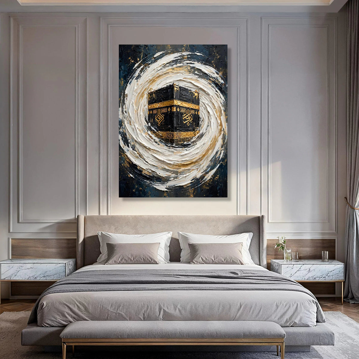 Sacred Kaaba Abstract Canvas, Islamic Wall Art Decor, Golden Black Religious Canvas, Modern Spiritual Home Decoration Print Art