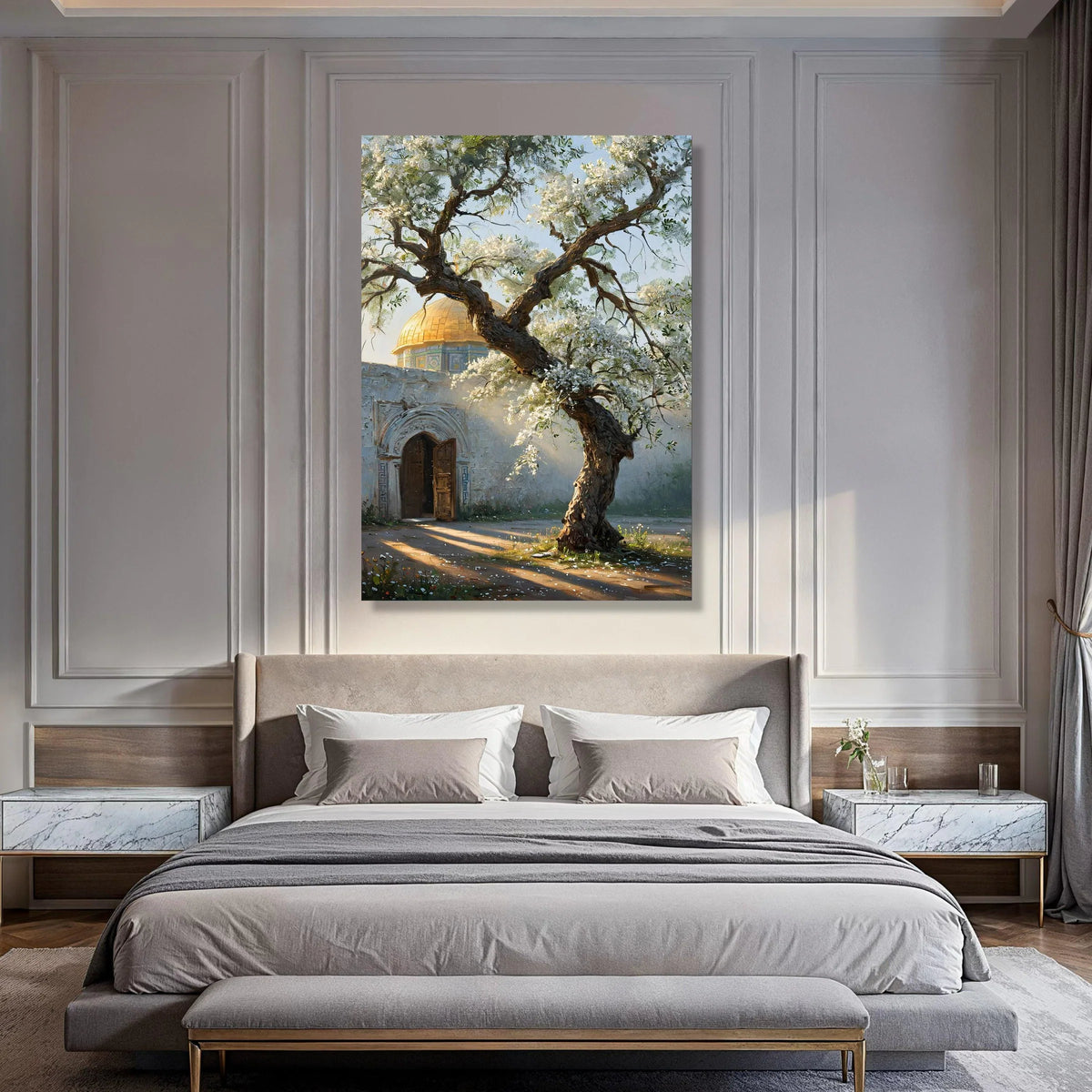 Golden Dome with Blooming Olive Tree Canvas, Mediterranean Garden Wall Art, Rustic Door Landscape Canvas, Spring Blossom Print Art