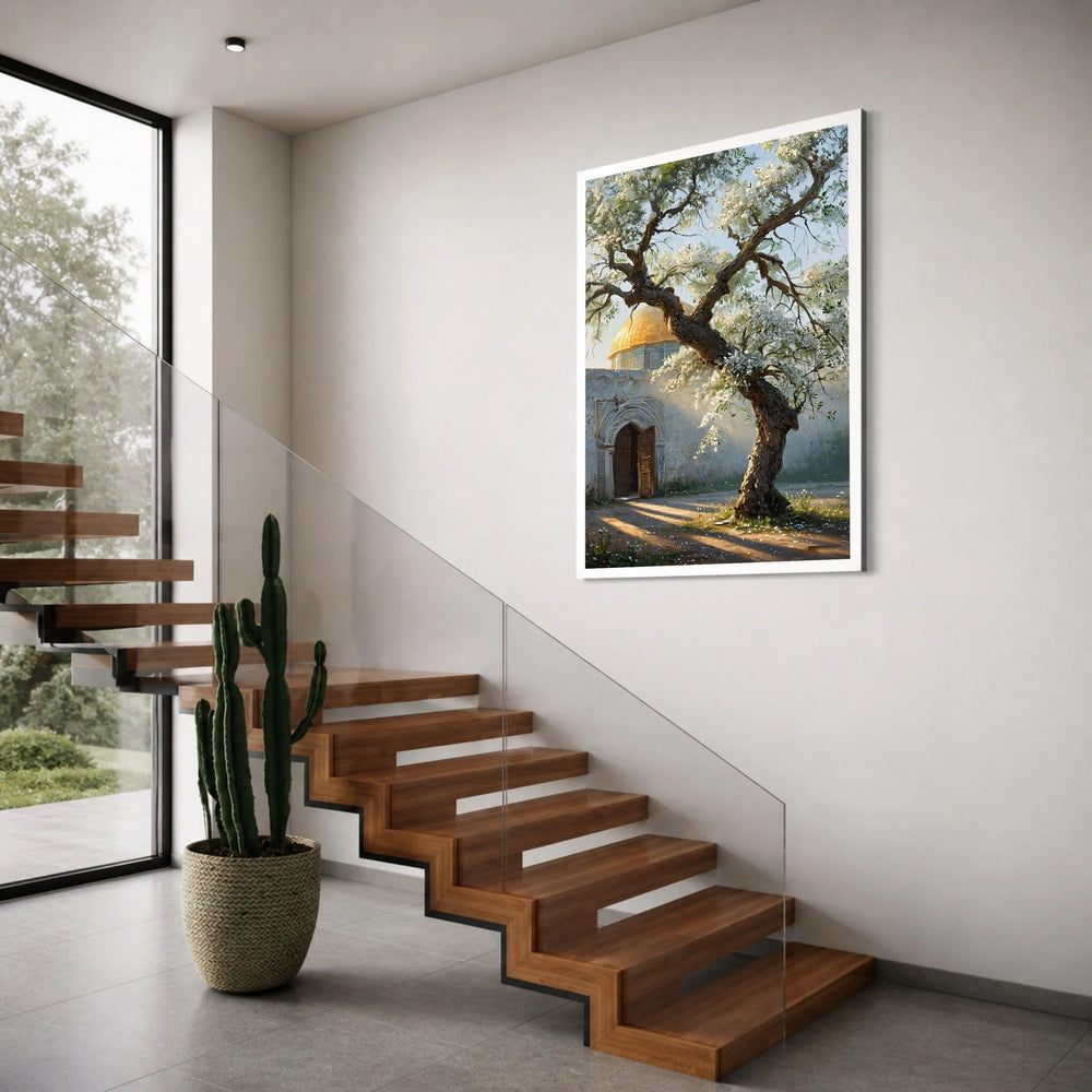 Golden Dome with Blooming Olive Tree Canvas, Mediterranean Garden Wall Art, Rustic Door Landscape Canvas, Spring Blossom Print Art