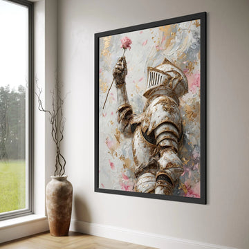 Elegant Medieval Knight Holding Pink Rose Canvas, Romantic Armor Wall Art, Vintage Chivalry Decor, Floral and Metallic Design, Print Art