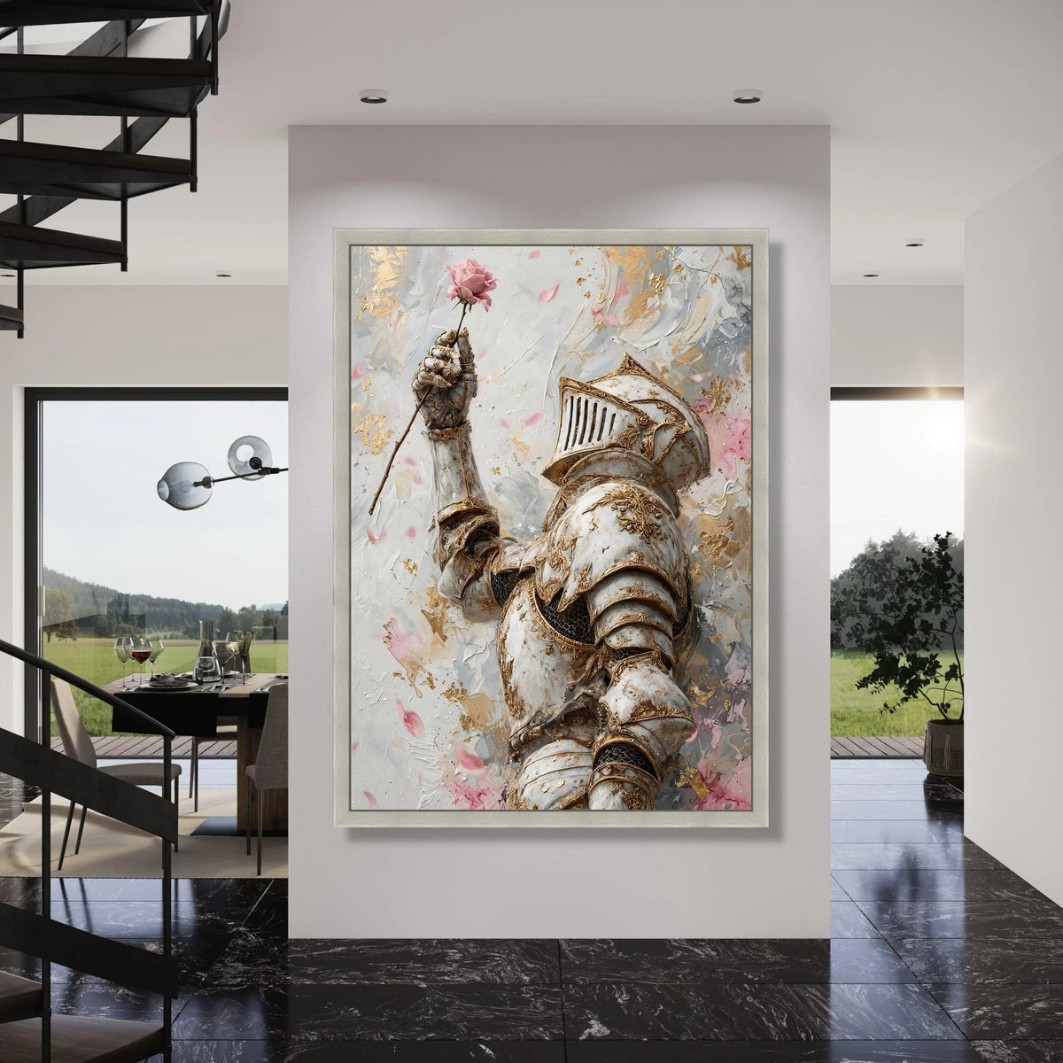 Elegant Medieval Knight Holding Pink Rose Canvas, Romantic Armor Wall Art, Vintage Chivalry Decor, Floral and Metallic Design, Print Art