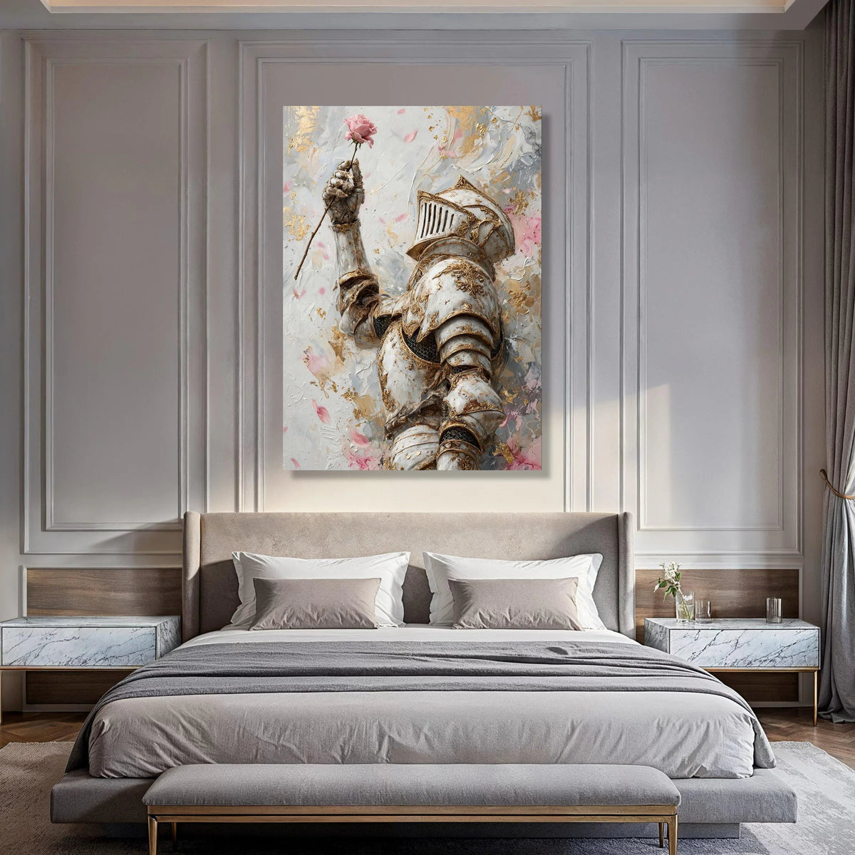 Elegant Medieval Knight Holding Pink Rose Canvas, Romantic Armor Wall Art, Vintage Chivalry Decor, Floral and Metallic Design, Print Art