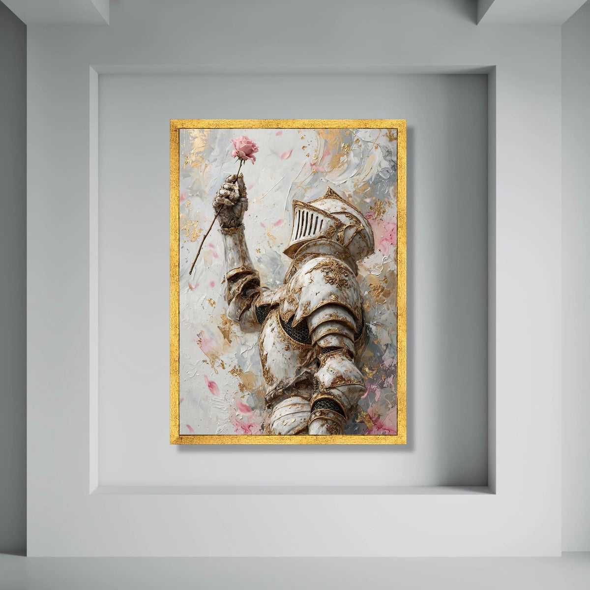 Elegant Medieval Knight Holding Pink Rose Canvas, Romantic Armor Wall Art, Vintage Chivalry Decor, Floral and Metallic Design, Print Art