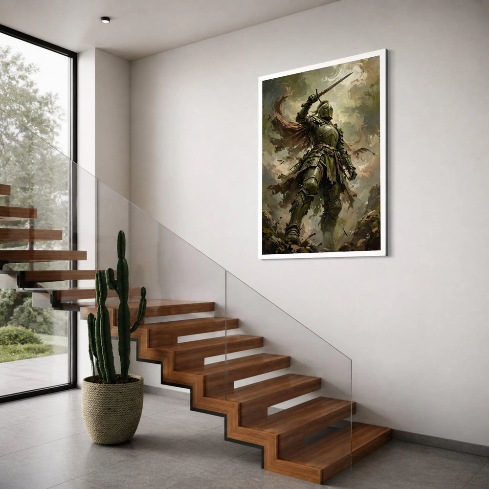 Brave Knight Battle Pose Canvas, Medieval Warrior Art, Fantasy Armor Wall Decor, Sword Canvas Print, Heroic Wall Display Print Art