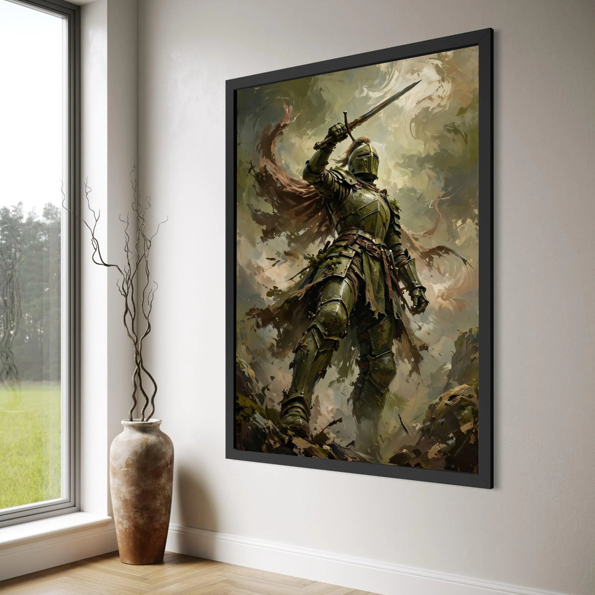 Brave Knight Battle Pose Canvas, Medieval Warrior Art, Fantasy Armor Wall Decor, Sword Canvas Print, Heroic Wall Display Print Art
