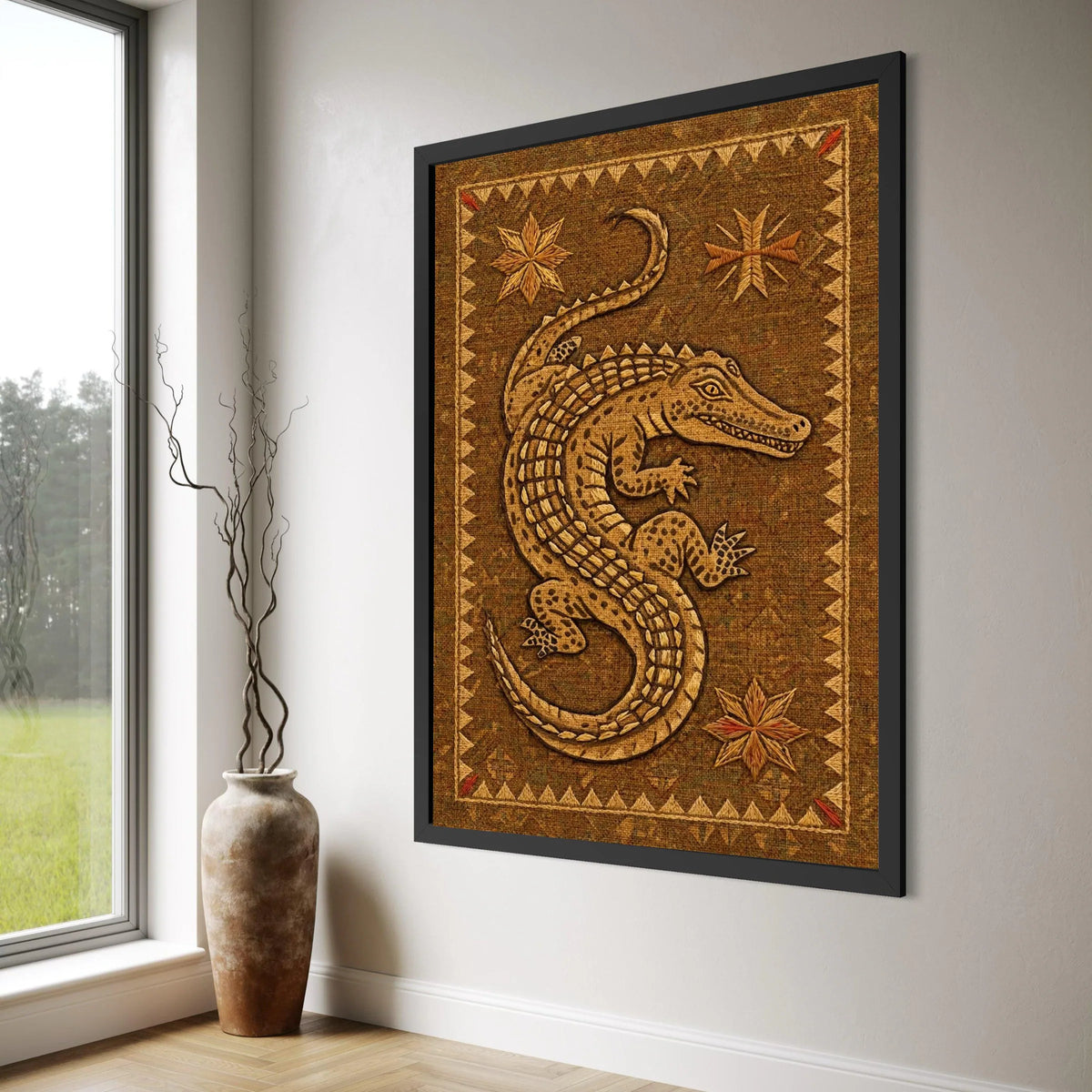 Rustic Crocodile Canvas Wall Art, Tribal Animal Print, Brown Nature Canvas, Exotic Wildlife Home Decor, Ready to Hang Print Art