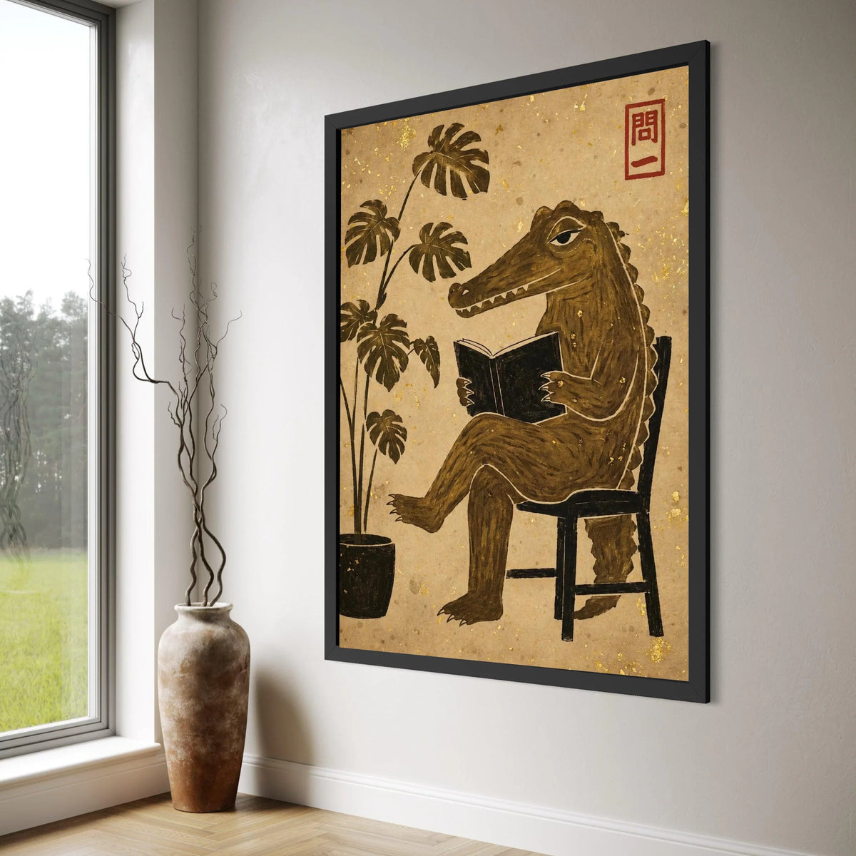Sophisticated Crocodile Reading Canvas, Vintage Style Animal Wall Art, Whimsical Home Decor, Botanical Leaf Print Canvas Print Art