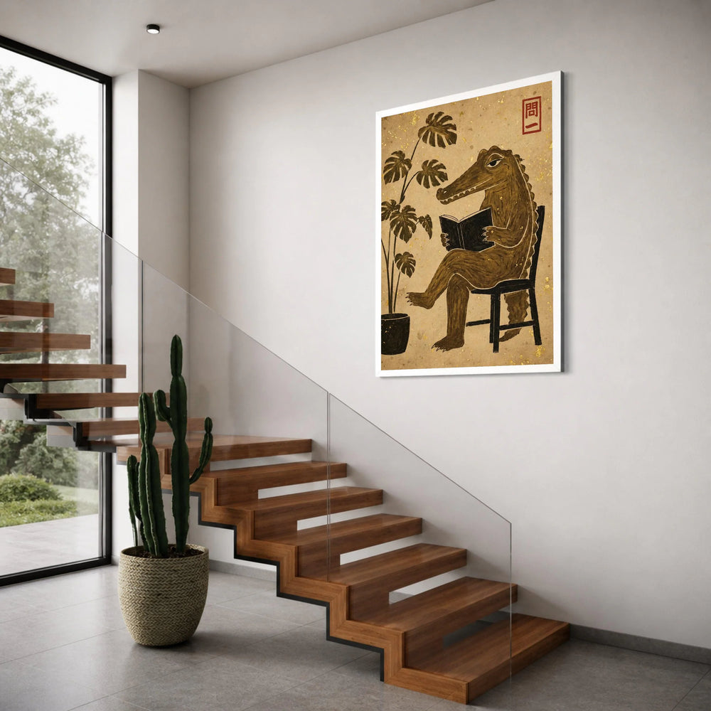 Sophisticated Crocodile Reading Canvas, Vintage Style Animal Wall Art, Whimsical Home Decor, Botanical Leaf Print Canvas Print Art