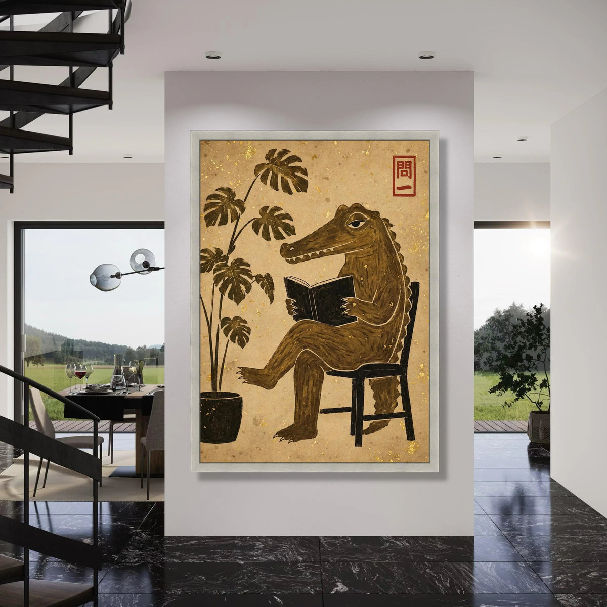 Sophisticated Crocodile Reading Canvas, Vintage Style Animal Wall Art, Whimsical Home Decor, Botanical Leaf Print Canvas Print Art