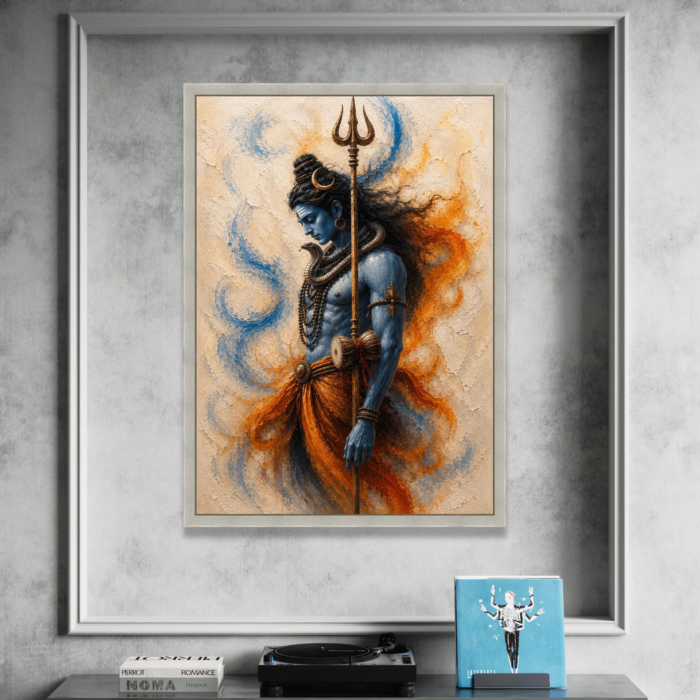 Blue Shiva God Canvas Wall Art, Hindu Trident Painting, Spiritual Indian Deity Decor, Mythological Figure Canvas, Canvas Print Art