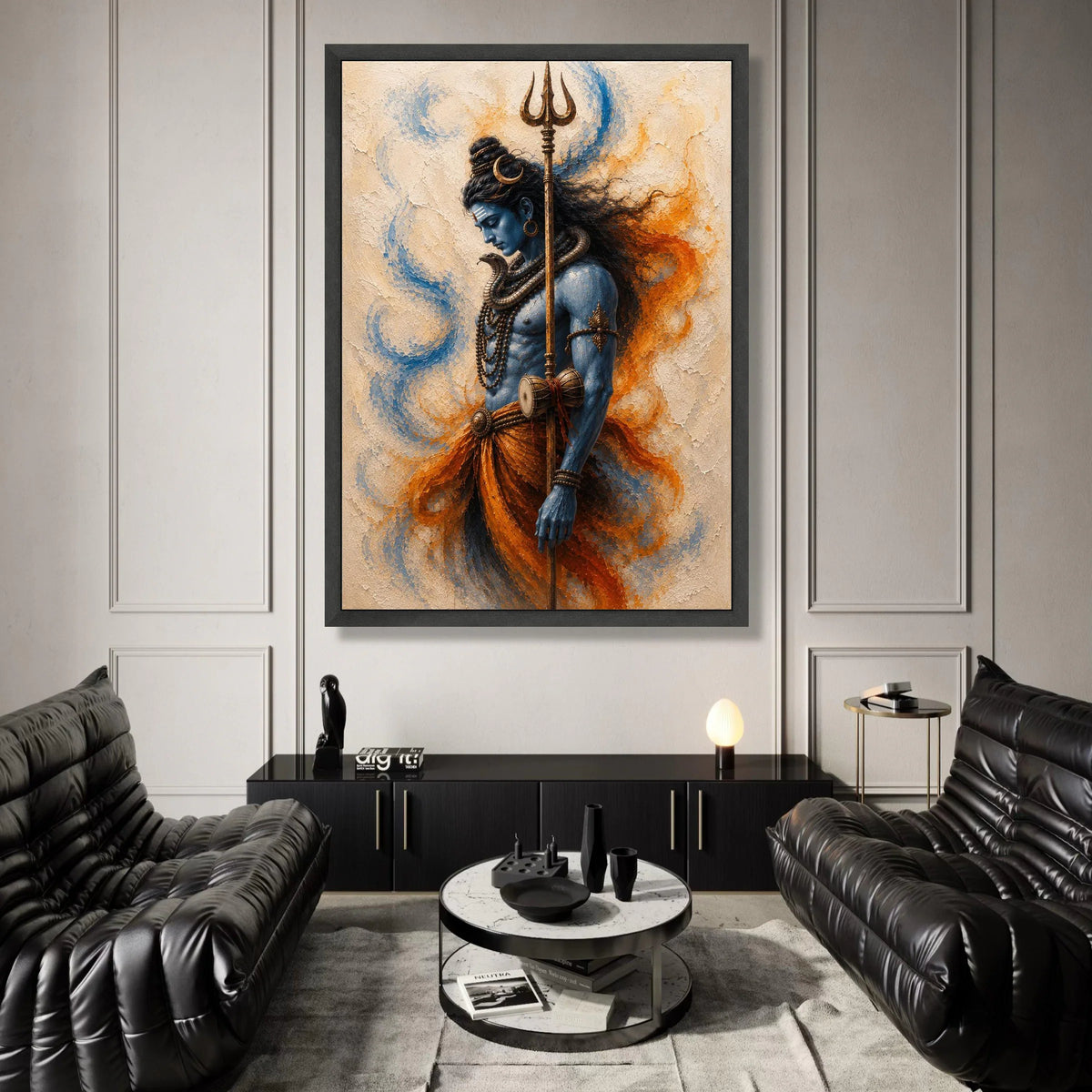 Blue Shiva God Canvas Wall Art, Hindu Trident Painting, Spiritual Indian Deity Decor, Mythological Figure Canvas, Canvas Print Art