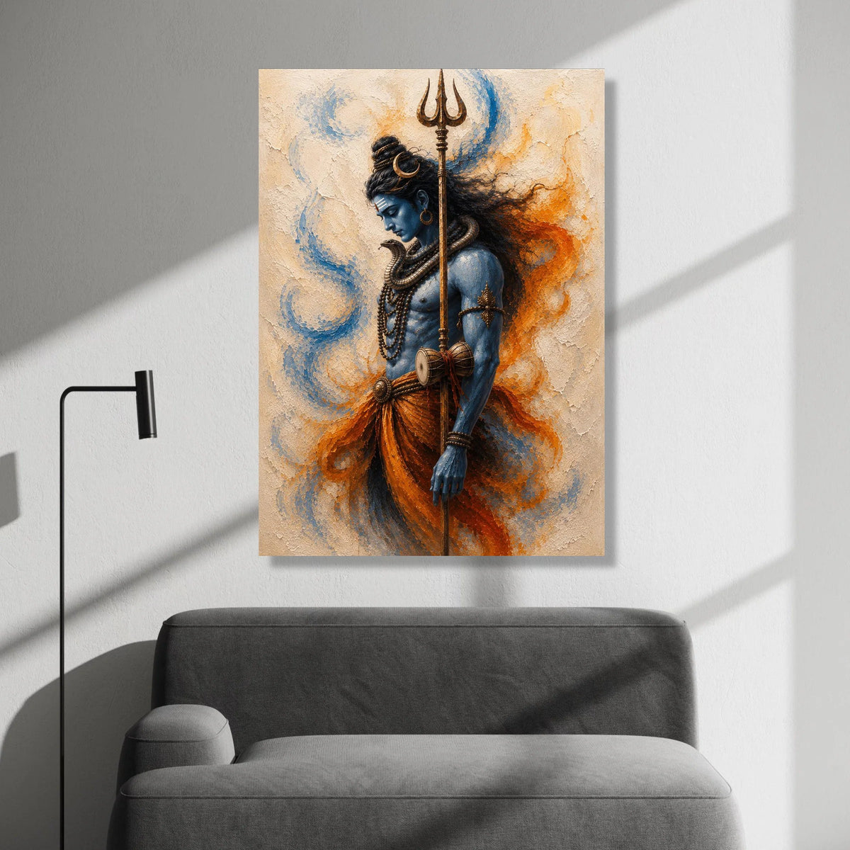 Blue Shiva God Canvas Wall Art, Hindu Trident Painting, Spiritual Indian Deity Decor, Mythological Figure Canvas, Canvas Print Art