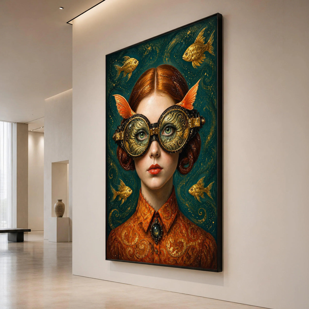 Surreal Woman with Ornate Goggles and Goldfish, Fantasy Portrait Canvas, Whimsical Wall Art, Steampunk Style Decor, Canvas Print Art