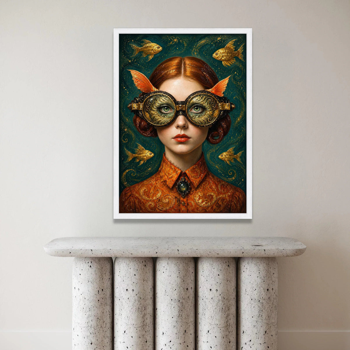 Surreal Woman with Ornate Goggles and Goldfish, Fantasy Portrait Canvas, Whimsical Wall Art, Steampunk Style Decor, Canvas Print Art