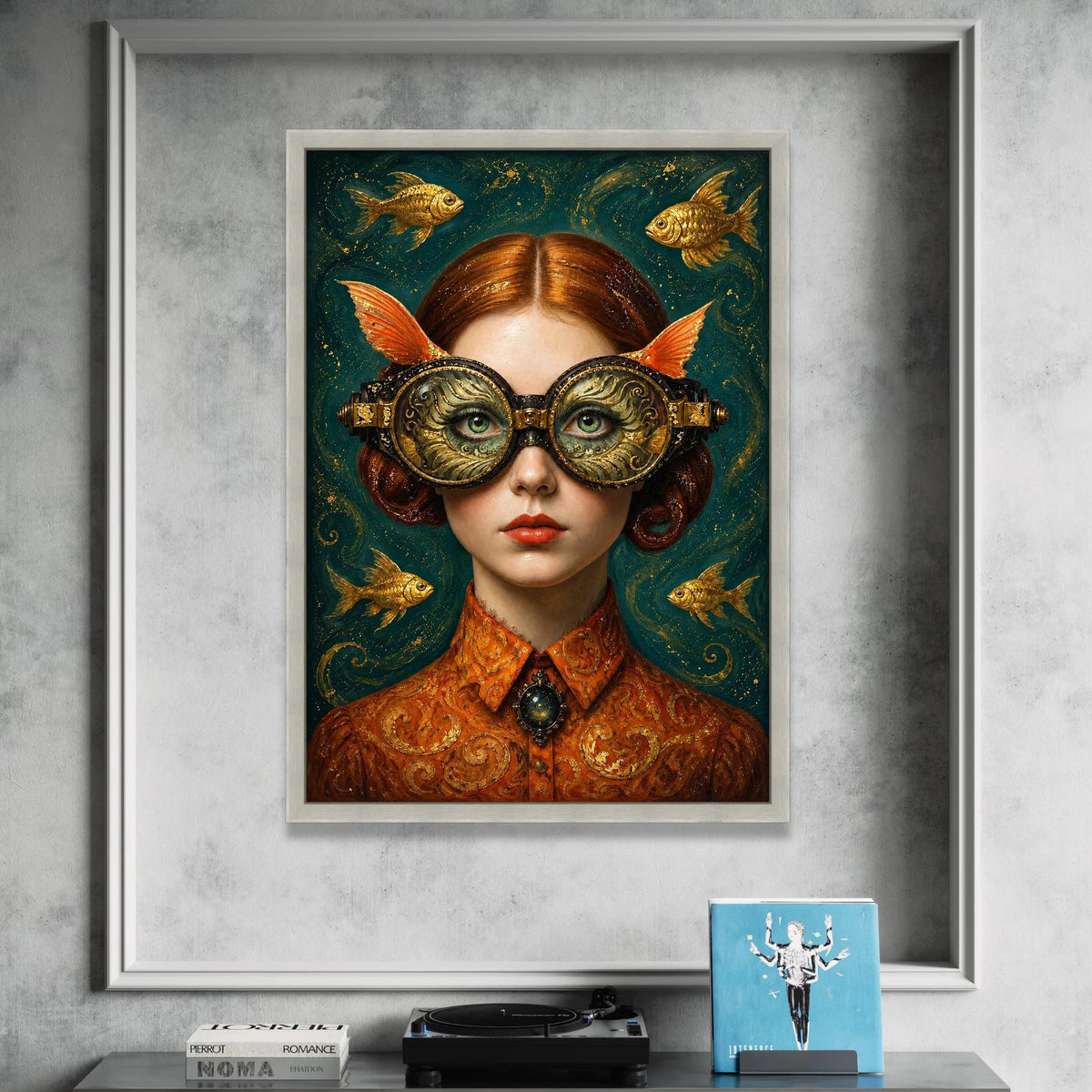 Surreal Woman with Ornate Goggles and Goldfish, Fantasy Portrait Canvas, Whimsical Wall Art, Steampunk Style Decor, Canvas Print Art