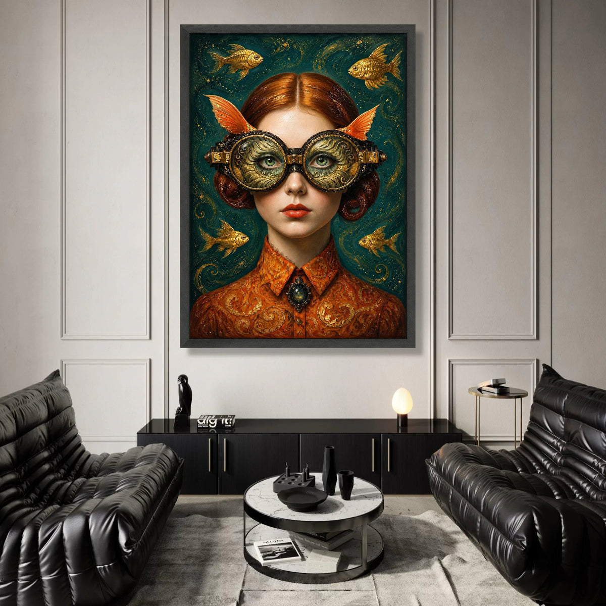 Surreal Woman with Ornate Goggles and Goldfish, Fantasy Portrait Canvas, Whimsical Wall Art, Steampunk Style Decor, Canvas Print Art