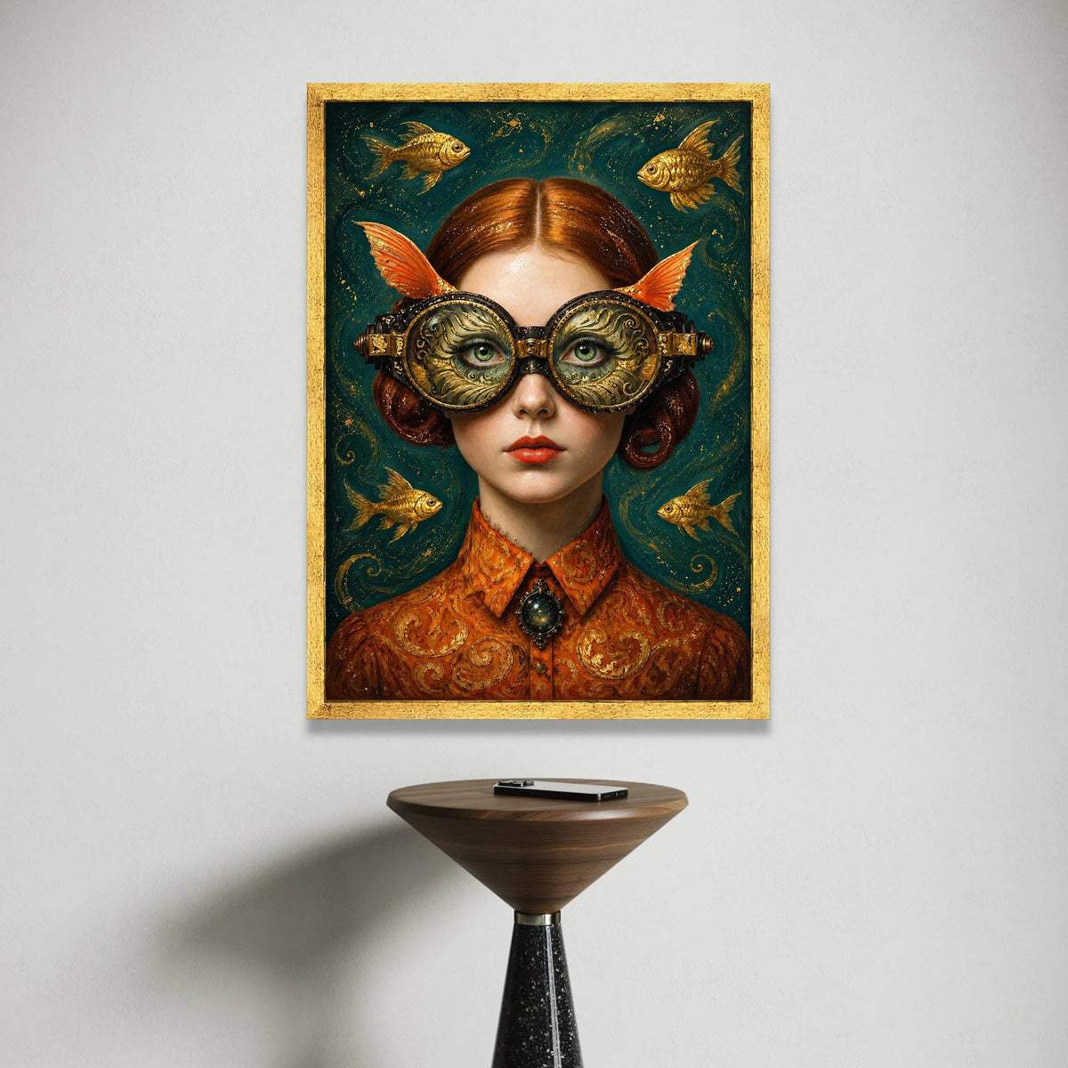 Surreal Woman with Ornate Goggles and Goldfish, Fantasy Portrait Canvas, Whimsical Wall Art, Steampunk Style Decor, Canvas Print Art