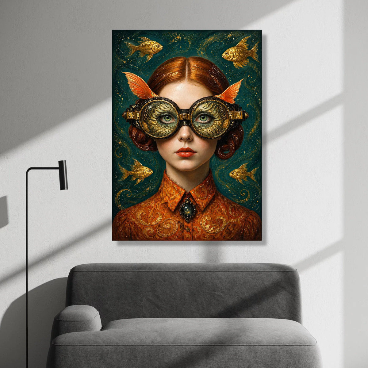 Surreal Woman with Ornate Goggles and Goldfish, Fantasy Portrait Canvas, Whimsical Wall Art, Steampunk Style Decor, Canvas Print Art
