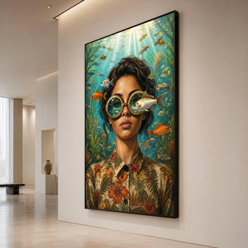 Underwater Vision Canvas Wall Art, Woman with Fish Glasses, Ocean Life Illustration, Surreal Marine Scene, Home Decor Canvas Print Art