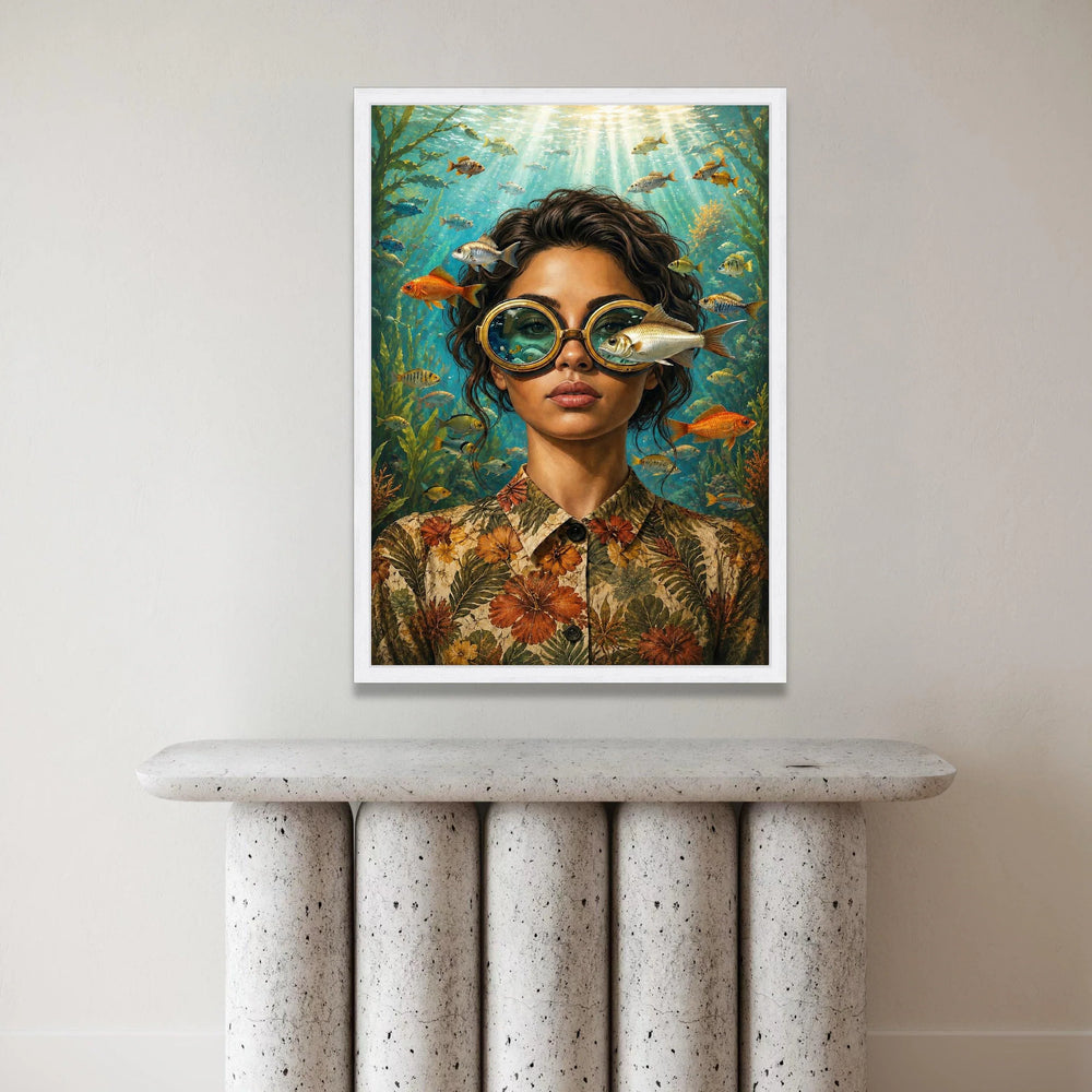 Underwater Vision Canvas Wall Art, Woman with Fish Glasses, Ocean Life Illustration, Surreal Marine Scene, Home Decor Canvas Print Art