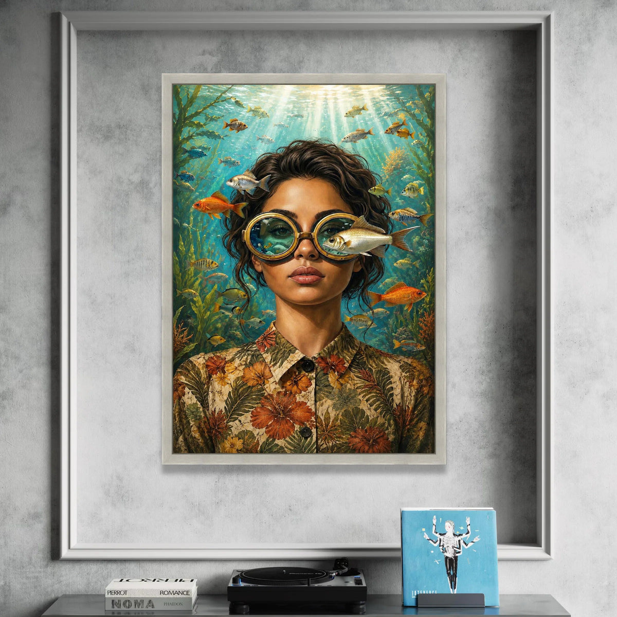 Underwater Vision Canvas Wall Art, Woman with Fish Glasses, Ocean Life Illustration, Surreal Marine Scene, Home Decor Canvas Print Art