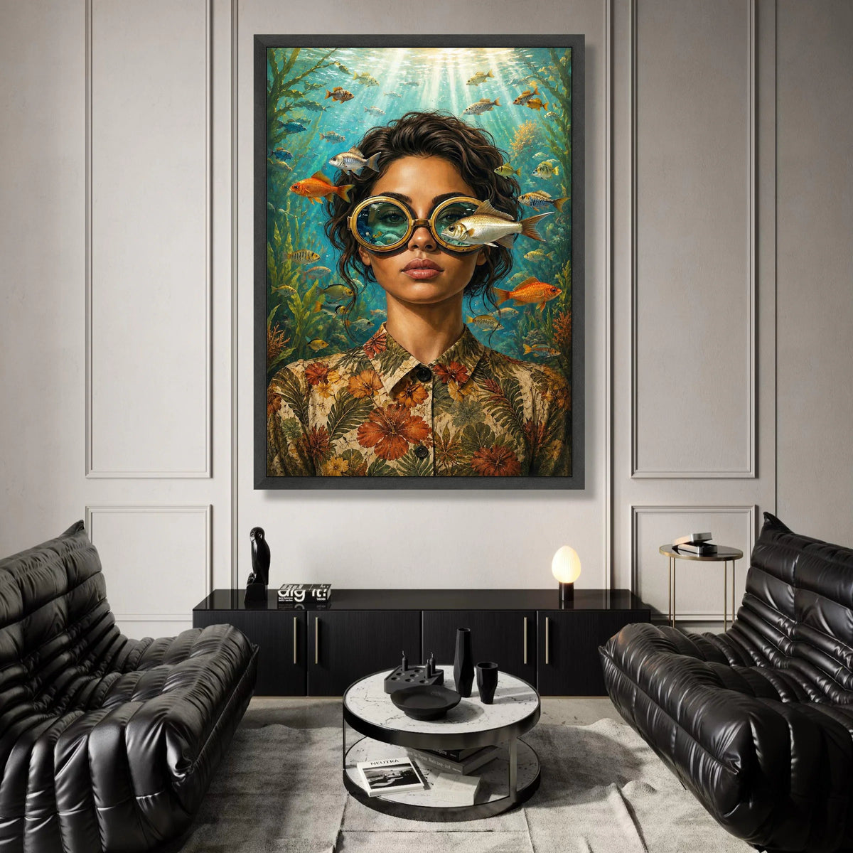Underwater Vision Canvas Wall Art, Woman with Fish Glasses, Ocean Life Illustration, Surreal Marine Scene, Home Decor Canvas Print Art