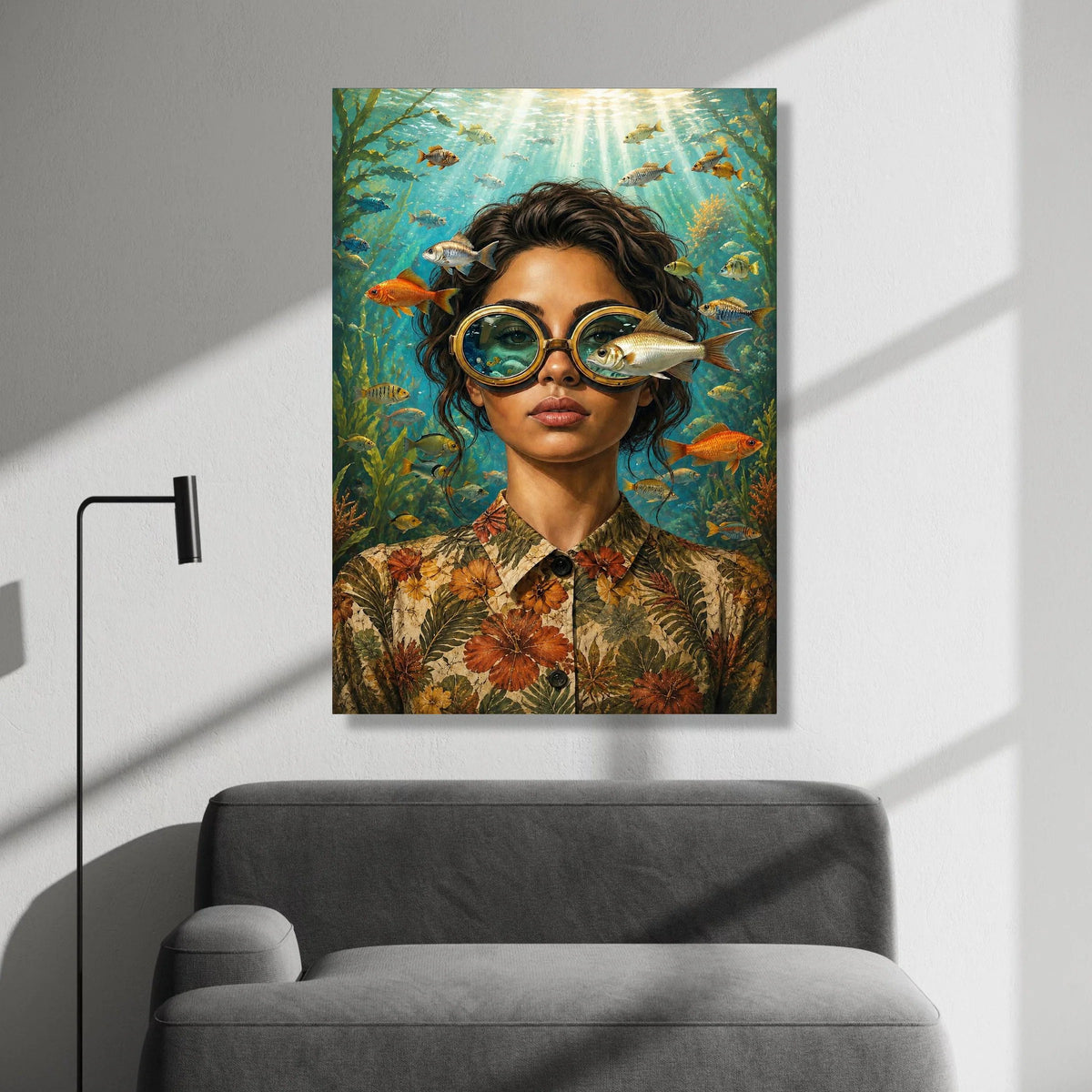 Underwater Vision Canvas Wall Art, Woman with Fish Glasses, Ocean Life Illustration, Surreal Marine Scene, Home Decor Canvas Print Art
