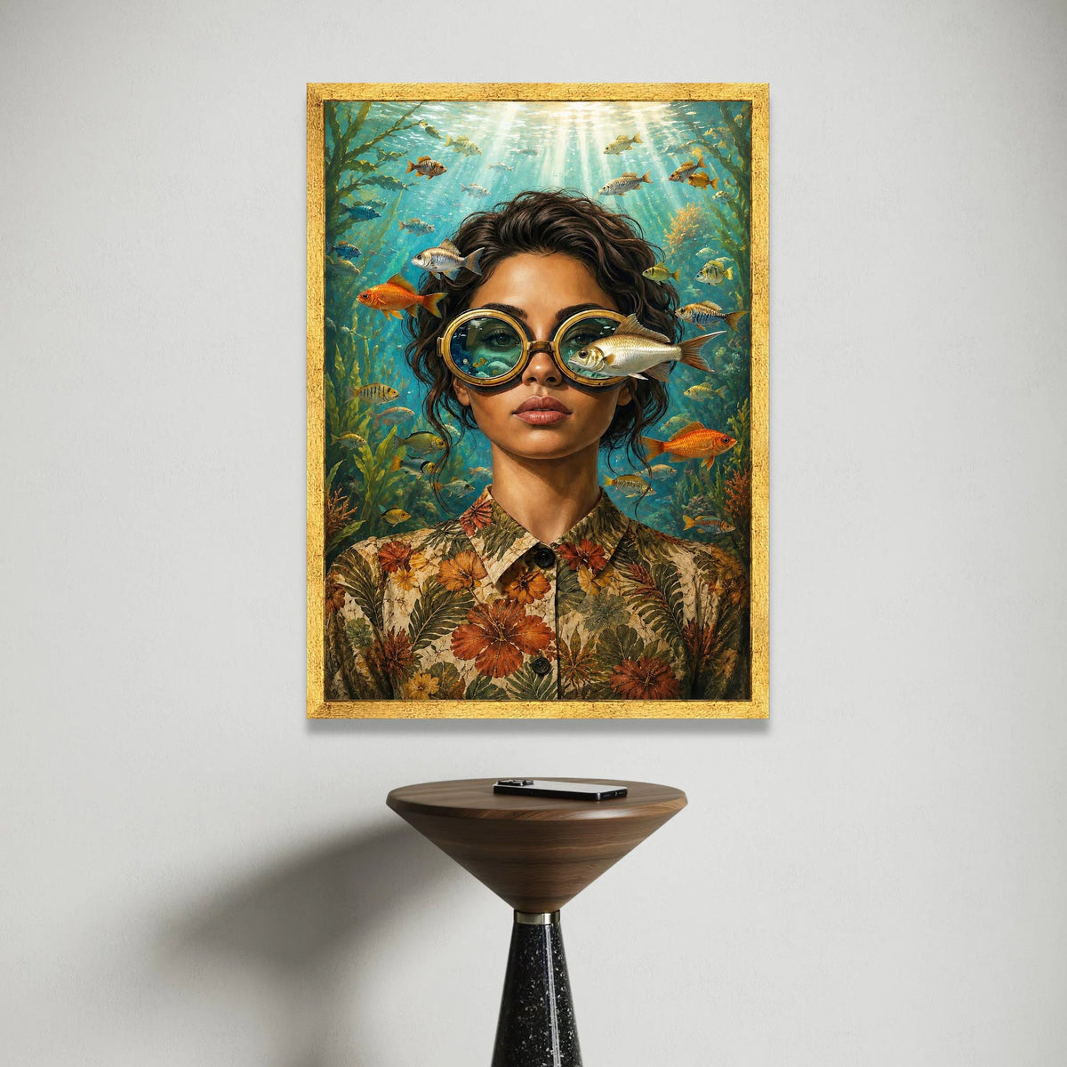 Underwater Vision Canvas Wall Art, Woman with Fish Glasses, Ocean Life Illustration, Surreal Marine Scene, Home Decor Canvas Print Art