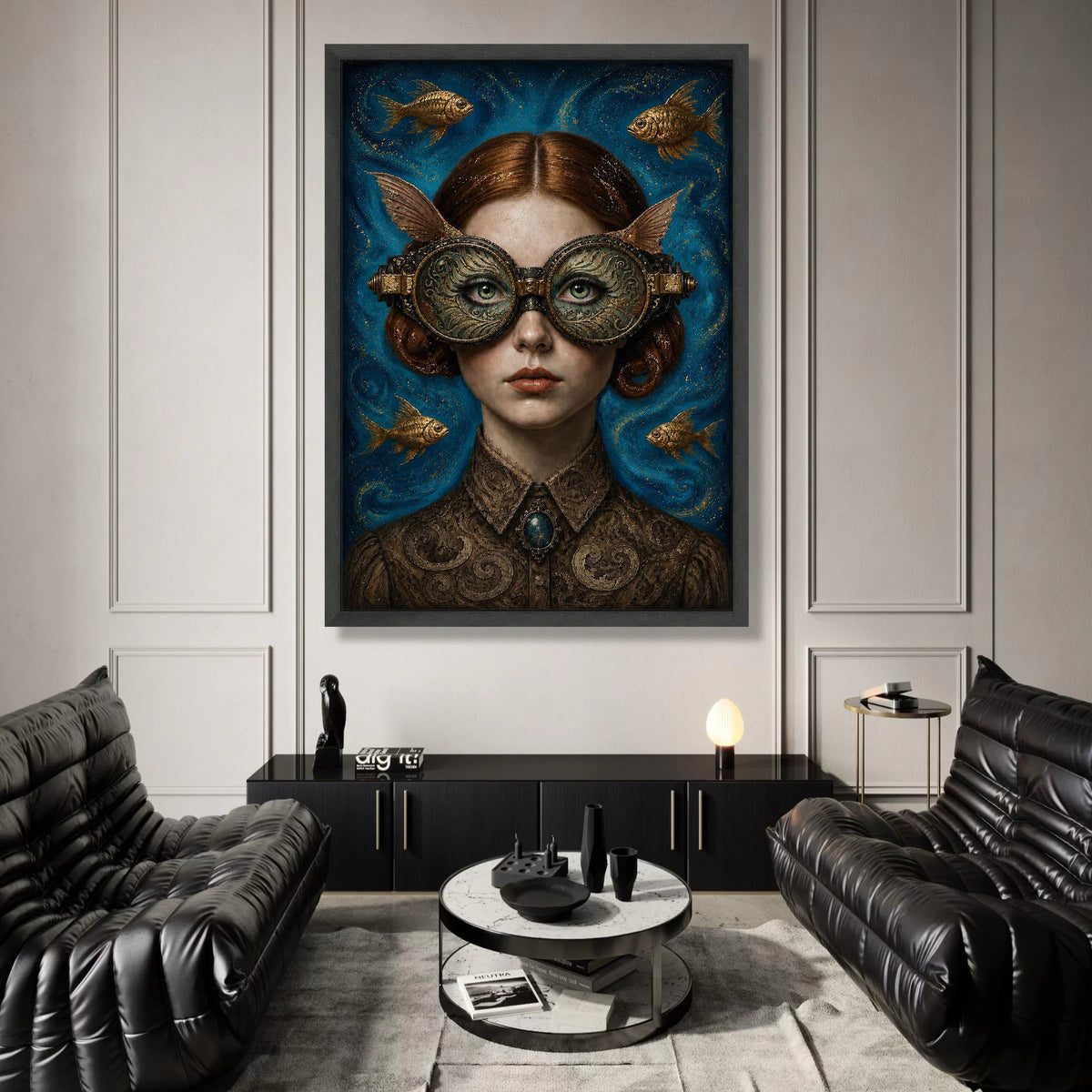 Surreal Steampunk Woman Portrait Canvas, Fantasy Art with Ornate Goggles and Goldfish, Victorian Style Wall Decor, Unique Canvas Print Art