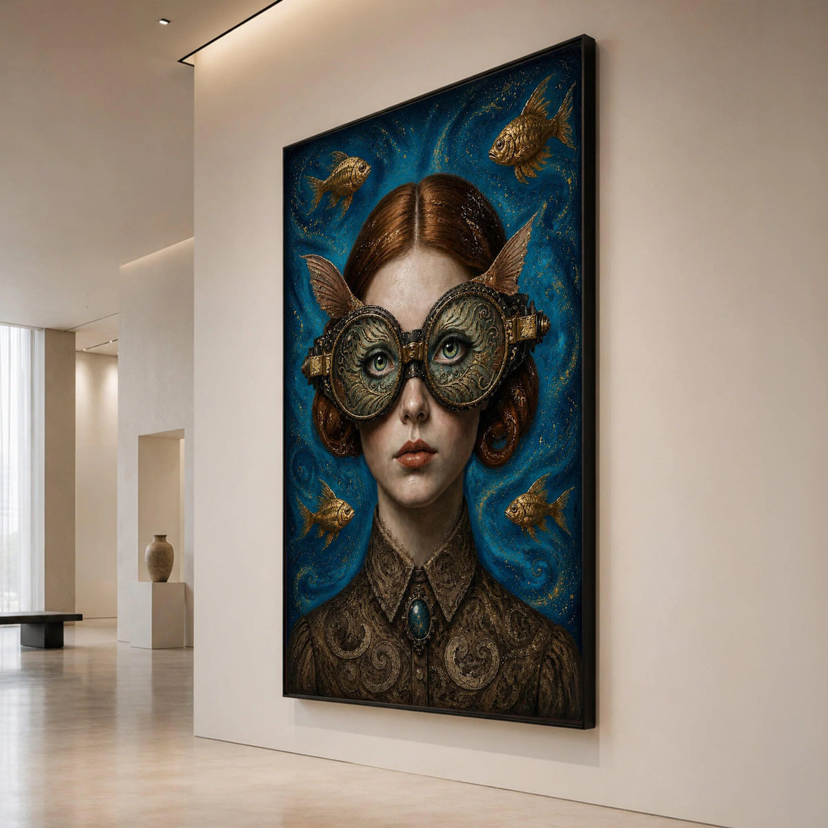 Surreal Steampunk Woman Portrait Canvas, Fantasy Art with Ornate Goggles and Goldfish, Victorian Style Wall Decor, Unique Canvas Print Art
