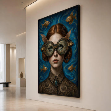 Surreal Steampunk Woman Portrait Canvas, Fantasy Art with Ornate Goggles and Goldfish, Victorian Style Wall Decor, Unique Canvas Print Art