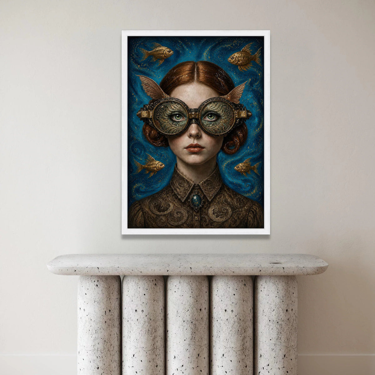 Surreal Steampunk Woman Portrait Canvas, Fantasy Art with Ornate Goggles and Goldfish, Victorian Style Wall Decor, Unique Canvas Print Art