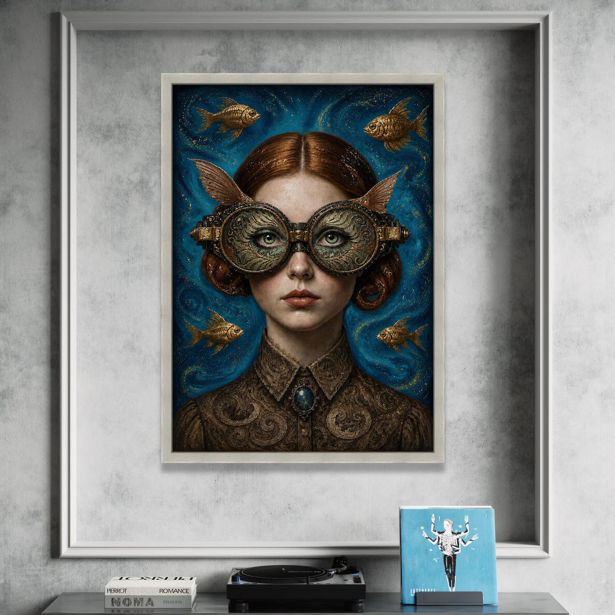 Surreal Steampunk Woman Portrait Canvas, Fantasy Art with Ornate Goggles and Goldfish, Victorian Style Wall Decor, Unique Canvas Print Art