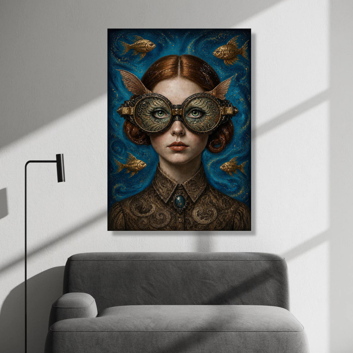 Surreal Steampunk Woman Portrait Canvas, Fantasy Art with Ornate Goggles and Goldfish, Victorian Style Wall Decor, Unique Canvas Print Art