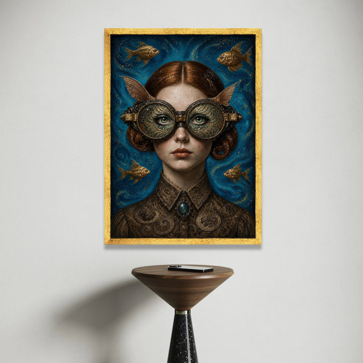 Surreal Steampunk Woman Portrait Canvas, Fantasy Art with Ornate Goggles and Goldfish, Victorian Style Wall Decor, Unique Canvas Print Art
